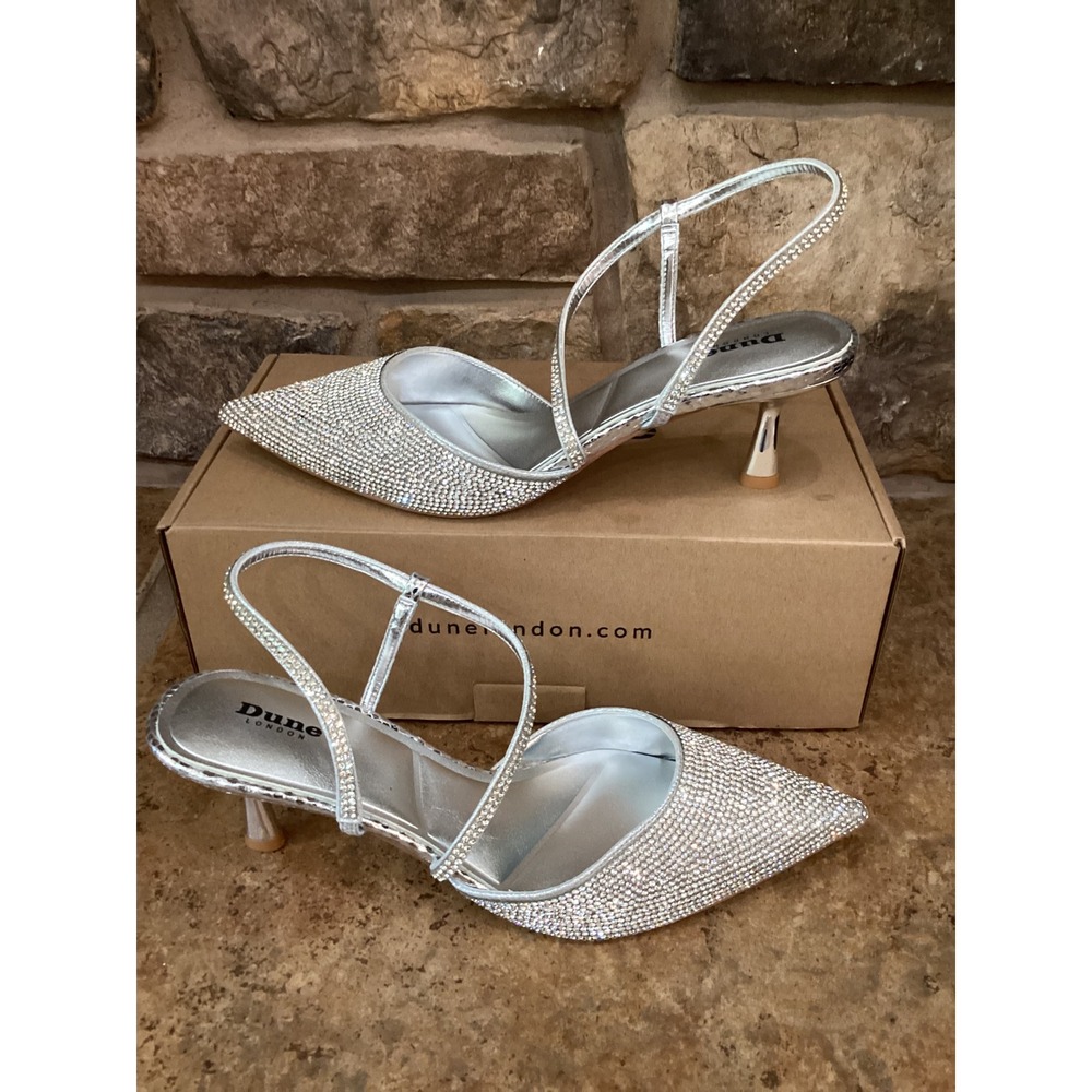 Dune London Competitive Silver Rhinestone Slingback Kitten Heel Pumps 39/9 NEW